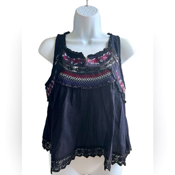 FREE PEOPLE Floral Embroidery Beaded Tan Top Size S - Picture 1 of 8